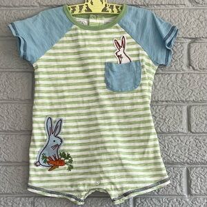 Mud Pie Striped Green and Blue Baby Boy Romper with Bunny Appliqués 12M Spring